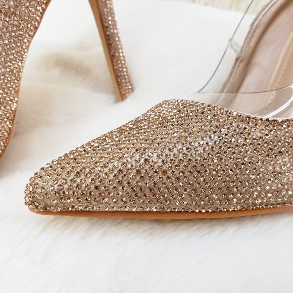 Size 7.5 Rose Gold Rhinestone High Heel Illusion Pumps NEW - Picture 4 of 16